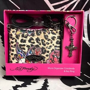 Ed Hardy Leopard Print Micro Organizer Crossbody in Cream and Black